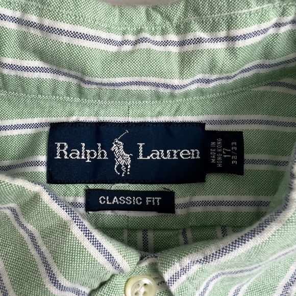 Ralph Lauren Mens Green Striped Custom Fit Long Sleeve Button Down Shirt Neck 17 - Picture 4 of 5